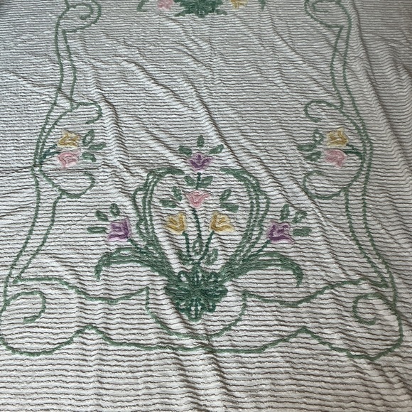 White Chenille Bedspread with Green Scrollwork and Pastel Floral Accents